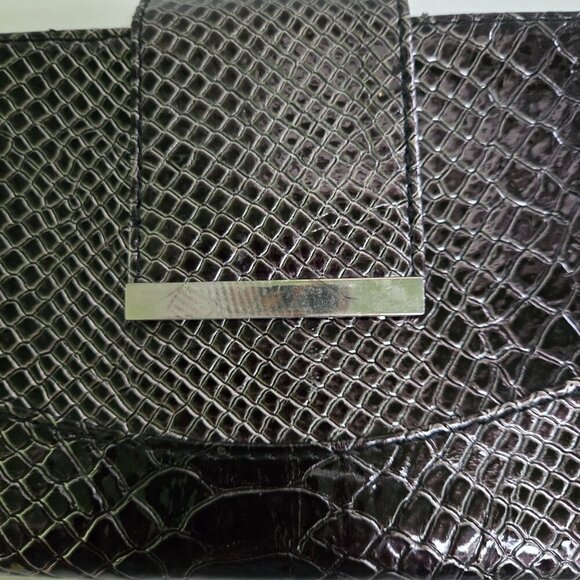 Faux Leather Croc Embossed Clutch Kiss Lock Silver Hardware 10.5"x5" - Picture 5 of 7